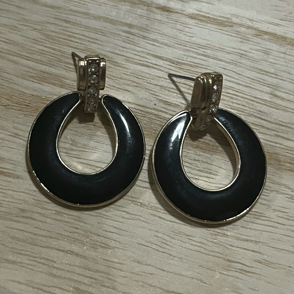 Gold-Tone Black Enamel Hoop Drop Earrings - Elegant Women's Jewelry
